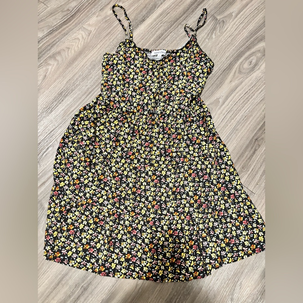 Smocked Floral Cami Dress - Black with Yellow & Pink Flowers